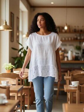 NWT Terzo Millennio White Linen Eyelet Peplum Top Made in Italy Size S EUC